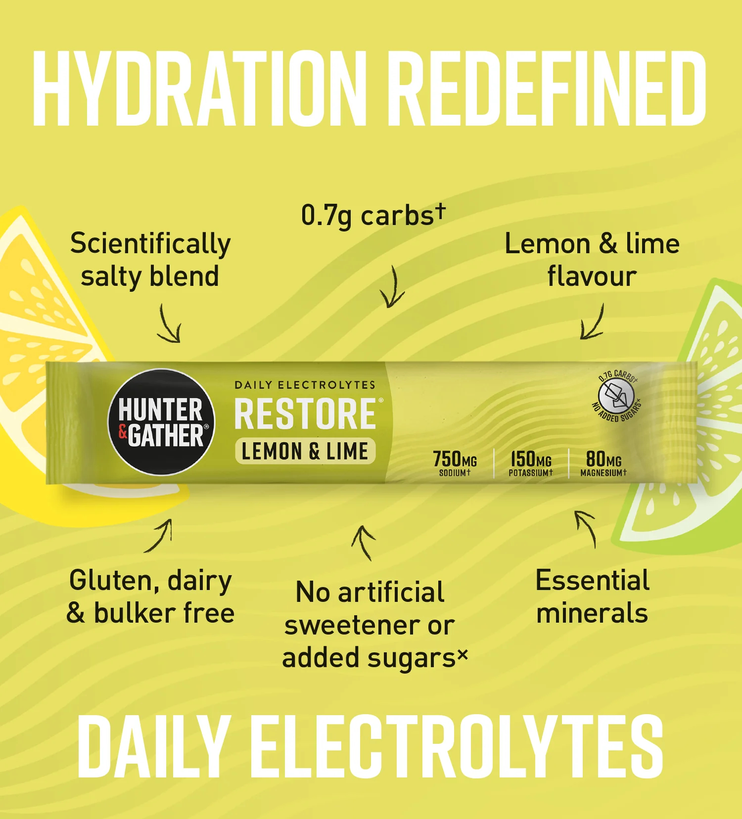 Hunter & Gather RESTORE Lemon & Lime electrolytes – ingredients, nutrition per sachet, and mineral doses (750 mg sodium, 150 mg potassium, 80 mg magnesium